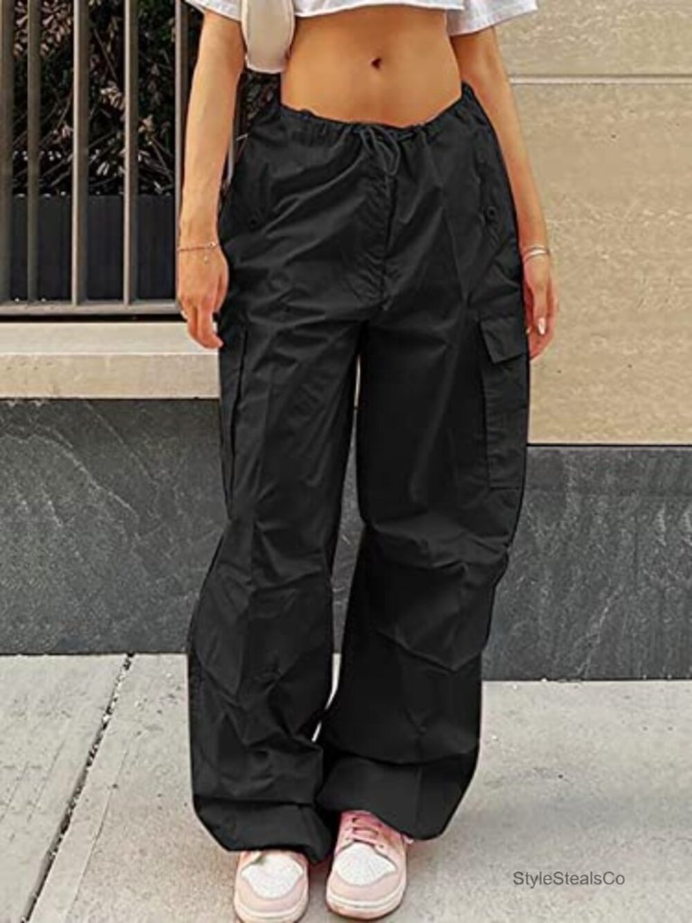 Y2K Baggy Cargo Parachute Pants Low Rise Drawstring Loose Jogger Sweatpants - Picture 2 of 6